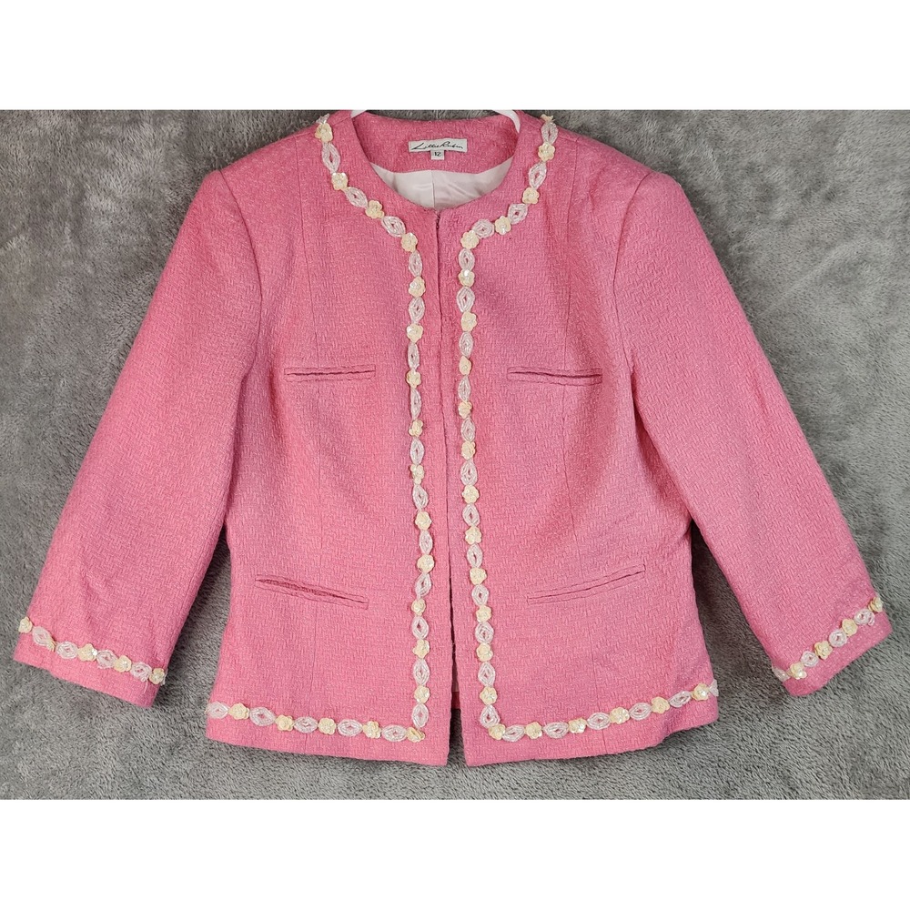 Lillie Rubin Jacket Womens 12‎ Pink Tweed Sequin Floral Trim Blazer Vintage USA